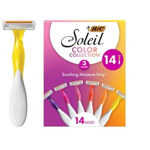lot 20287 image: BIC Soleil 3 Colors Womenfts Disposable with 3 Blade Razors, Aloe Vera and Vitamin E Lubricating Strip for Enhanced Glide, 14-Pack, Stocking Stuffers for Women - Retail $13