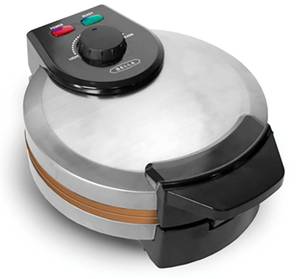lot 20295 image: BELLA Classic Belgian Waffle Maker, 7 Round, Non Stick, Waffle Iron Makes 1� Thick Waffles, Variable browning control knob, Stay-cool handle with locking latch, Stainless Steel - Retail $678in