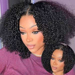 lot 20300 image: Amznlady Afro Kinky Curly V Part Wig Human Hair Brazilian Virgin Glueless Wig Human Hair for Black Women Upgrade U Part Wigs Kinky Curly Wigs No Leave Out 200percent Density Natural Color 14 Inch - Retail $59