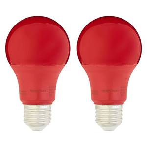 lot 20307 image: Amazon Basics A19 Red Color Party LED Light Bulbs, 60 Watt Equivalent, Energy Efficient 9W, E26 Standard Base, Non-Dimmable, 10,000 Hour Lifetime, 2-Pack - Retail $7