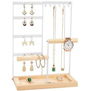 lot 20311 image: Jewelry Organizer Stand, Jewelry Holder, Lengnoy 4 Tier Earring Holder with 48 Holes and 6 Hooks Necklace Organizer Wood Box for Necklace Bracelet Earring Ring, White - Retail $9