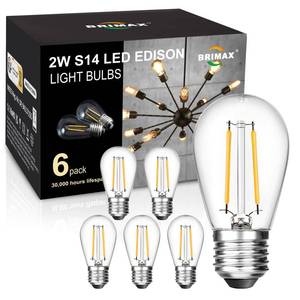 lot 20318 image: BRIMAX 6 Pack 2W LED Light Bulbs,Equivalent to 15W-20W,Low Watt Small S14 Replacement Bulbs for Outdoor String Lights and Sputnik Chandelier,Shatterproof,120V,2700K,E26 Base (3.35 H  1.77 W) - Retail $10