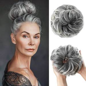 lot 20321 image: CJL HAIR Large Messy Bun Hair Piece Wavy Curly Scrunchies Synthetic Chignon Ponytail Hair Extensions Thick Updo Hairpieces for Women Salt and Pepper - Retail $10