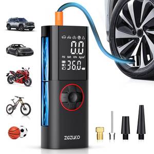 lot 20323 image: ZGZUXO Tire Inflator Portable Air Compressor, 150PSI Rechargeable Air Pump for Car Tires with Battery, Cordless Tire Pump with Pressure Gauge and LCD Dual Screen, for Cars, Motorcycles, Bikes, Balls - Retail $30