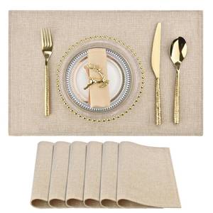 lot 6398 image: SLKQG Faux Linen Placemats Set of 6, Heat Resistant and Machine Washable Double-Layered Cloth Placemats for Dining Table, IndoorOutdoor Use, Wrinkle-Free and Non-Slip Kitchen Table Mats (6, Beige) - Retail $22