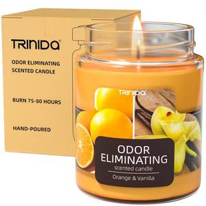 lot 6406 image: TRINIDa Orange and Vanilla Odor Eliminating Candles for Home Scented, Eliminates 99percent of Pet, Smoke, Food and Other Smells Quickly, Highly Fragranced Candle, Premium Soy Candles Set for Women - Retail $12