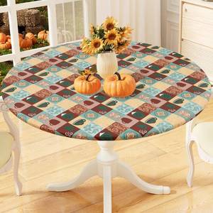 lot 6407 image: misaya Round Fitted Tablecloth with Elastic Edge, 100percent Waterproof Oil Proof Plastic Table Cover, Vinyl Flannel Backed Tablecloth Fits 36-44in Round Tables for Dinner, Outdoor, Picnic, Patterned Cups - Retail $16in
