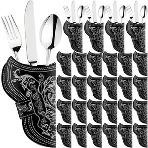 lot 6422 image: Honeydak 24 Pcs Cowboy Holster Silverware Holsters Knife and Fork Silverware Sleeves Vintage Utensil Pouch Bags for Western Party Easter Decorations Home Church Party - Retail $10