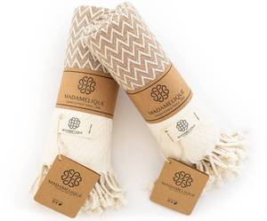 lot 6425 image: Madamelique Exclusive Hand Towels Set of 2-18 x 40 Inches - Decorative Bathroom Peshtemal Towel for Hand, Face, Hair, Yoga, Tea, Dishcloth, Kitchen and Bath - 100percent Pure Cotton (Biscuit) - Retail $18