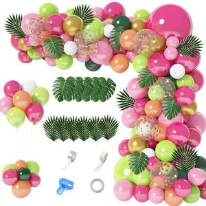 lot 6440 image: 146Pcs Tropical Balloons Garland Arch Kit, Hawaiian Luau Tropical Aloha Flamingo Party Decorations Hot Pink Fruit Green Rose Gold Confetti Balloons Palm Leaves Birthday Baby Shower Wedding Supplies - Retail $10