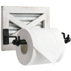 lot 6456 image: Farmhouse Toilet Paper Holder with Galvanized Metaland Black Metal - Rustic Weathered White Wood Wall Mount Toilet Roll Holder for Bathroom Decor - Retail $13