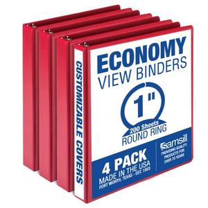 lot 6470 image: Samsill 1 Inch 3 Ring Binders, Made in USA, Economy Round Ring, Clear View Cover, 200 Sheet Capacity - for School, Home, Office - Red, 4 Pack - Retail $15