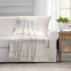 lot 6480 image: Lush Decor Herringbone Stripe Woven Tassel Yarn Dyed Cotton Throw Blanket 50 W x 60in L Yellow and Gray - Striped Throw Blankets - Yellow Couch Blanket - Retail $24in