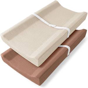 lot 8128 image: Bearmoss Changing Pad Cover, 2 Pack Muslin 100percent Cotton Diaper Changing Table Covers, 32ftft x 16ftft Soft Breathable Changing Pad Sheets for Unisex Baby Girls and Boys with Strap Holes (Cappuccino) - Retail $17
