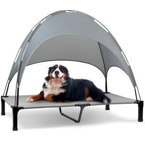 lot 13044 image: Heeyoo Elevated Dog Bed with Canopy, Portable Dog Cot with Removable Shade Tent, Outdoor Raised Pet Cot Cooling Bed for Dogs - Retail $50