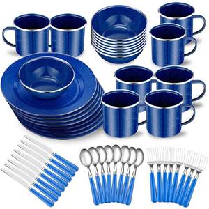 lot 13045 image: Nuogo 48 Pcs Enamel Camping Tableware Includes 12 oz Coffee Mugs 10.5 Inch Camping Plates 6 Inch Bowls and Utensils Set Includes Knife Fork Spoon for Outdoor RV(Blue) - Retail $70
