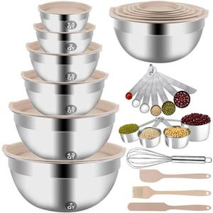 lot 13049 image: WEPSEN Mixing Bowls Set, 27PCS Khaki Mixing Bowls With Lids Set Stainless Steel Kitchen Large Nesting Metal Bowl 7QT to 1.5QT, Measuring Cups and Spoons for Prepping Cooking Serving - Retail $43