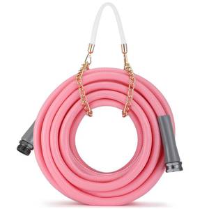 lot 13060 image: Nuanchu Garden Hose, Flexible Light Weight Non Kinking Water Hose with Grip - Leakproof UV Protection 12ftft, Male to Female for Garden Rv Camper Watering Plants (Pink,30 ft) - Retail $25