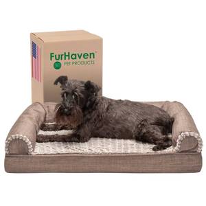 lot 13084 image: Furhaven Cooling Gel Dog Bed for MediumSmall Dogs w Removable Bolsters and Washable Cover, For Dogs Up to 35 lbs - Luxe Faux Fur and Performance Linen Sofa - Woodsmoke, Medium - Retail $31