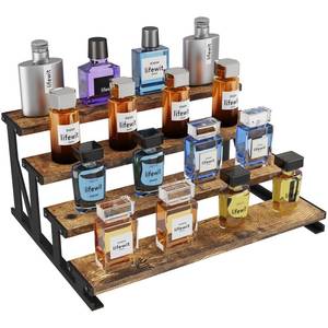 lot 13093 image: Lifewit 4-Tier Wooden Dispaly Riser with Metal Stand, 13.9 Inch Step Cologne Stand, Perfume Organizer, Display Shelf for Fragrance, Skincare, Figurine, Spice, Tabletop, Cabinet, 1 Set, Rustic Brown - Retail $20