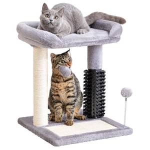 lot 13098 image: Made4Pets Small Cat Tree Tower, Cat Scratching Post 4-in-1 with Self Groomer Brush, 20 Tall Natural Sisal Cat Scratcher, Plush Perch Bed with Dangling Ball for Indoor Kittens, Grey - Retail $34in