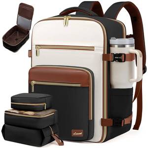 lot 3365 image: LOVEVOOK Travel Backpack For Women,50L Carry On Backpack Flight Approved,TSA Personal Item Travel Bag Fits 18 Inch Laptop,Business Weekender Overnight Daypack with Toiletry Bag and Cube,White brown - Retail $48