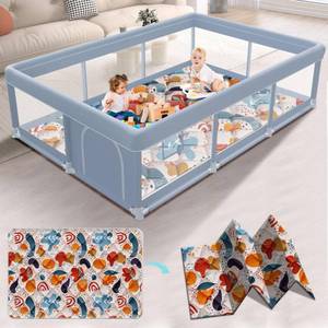 lot 3374 image: XVISHX 74 x 50 Inch Baby Playpen with Mat, Playpen for Babies and Toddlers, Baby Playard for Indoor and Outdoor Active Center Game Fence, with Skin-Friendly Fabric and Soft Breathable Mesh, Grey - Retail $90
