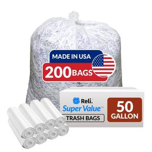 lot 3378 image: Reli. Premium 50 Gallon Trash Bags  200 Count  Made in USA  Heavy Duty  Bulk  SuperValue  Clear Multi-Use Garbage Bags - Retail $53