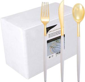 lot 3382 image: I00000 144Pcs Gold Plastic Silverware, Gold Plastic Utensils Set,Disposable Utensils Heavy Duty,Disposable Silverware Set Includes 48 Forks,48 Knives,48 Spoons for Party and Wedding - Retail $36