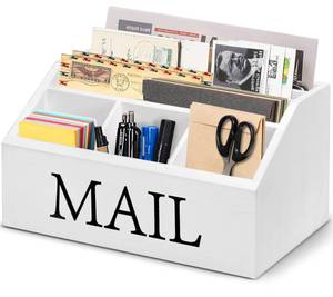 lot 3388 image: Wooden Mail Organizer for Countertop, Mail Holder for Desk, Office Desk Organizer and Sorter for Bills Letters Countertop Storage, Mail Sorter for Desk with Pen Holder (slightly damaged)&nbsp