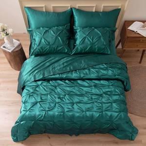 lot 3390 image: MRandHM Satin Comforter Full 7 Pieces - Luxurious Pinch Pleat Bedding Set with Comforter, Flat Sheet, Fitted Sheet, Pillowcases and Shams, Super Silky Soft Bed Set for All Season (Full, Peacock Green) - Retail $256