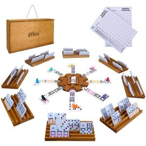 lot 3391 image: Offelec Mexican Train Dominoes Set with 8 Holders, Double 12 Dominos Set for Adults, Mexican Dominoes Train for Kids and Family Game, Mexican Train Games with 91 Colored Tile Dominos and Wooden Box - Retail $40