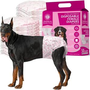 lot 4006 image: American Kennel Club Female Dog Wrap, Disposable Diapers with Wetness Indicator, Large, 50 Count - Retail $21