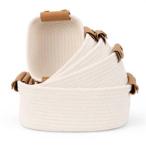 lot 4013 image: Beautiful Storage Basket Set of 5 - Sturdy Cotton Rope Baskets for Shelves Are Perfect for Organizing Your Home - Quality Storage Bins Easily Fit With Any Nursery or Bedroom Decor - Retail $20