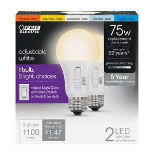 lot 4021 image: Feit Electric A19 LED Light Bulb, 75W Equivalent, Dimmable, Color Selectable 6-Way, 5CCT, E26 Medium Base, 90 CRI, 1100 Lumens, Damp Rated Lightbulb, 22-Year Lifetime, OM75DM6WYCA2, 2 Pack - Retail $15