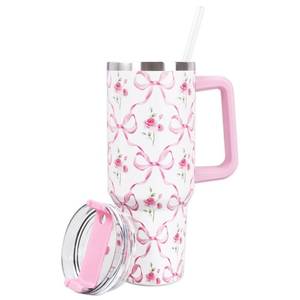 lot 4033 image: FYSUIMU Pink Bow Floral Tumbler with Straw and Lid 40oz Watercolor Bow Flower Stainless Steel Cup with Handle Pink Travel Coffee Tumbler Cup for Home Office - Retail $20