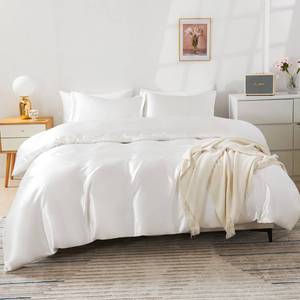 lot 5615 image: HOdo Home Satin Duvet Cover King Size, 3 Piece Silk Like Comforter Cover, Ultra Soft and Breathable Bedding Set with Zipper Closure and Corner TiesWhite - Retail $33