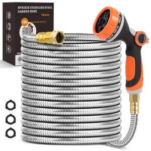 lot 5617 image: SPRIKIR Metal Garden Hose 100 ft, Stainless Steel Water Hose 100ft with 10 Function Nozzle and 34 Copper Fitting, Heavy Duty and Flexible, Kink Free and Lightweight for Yard, Outdoor, Lawn, Patio and Car - Retail $40