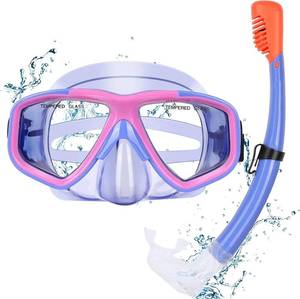 lot 5643 image: Youth Snorkel Set for Ages 7-16, Snorkeling Gear for Kids with Panoramic View Mask Anti-Fog Anti-Leak Full Dry Top Snorkel Fins Travel Bag for Swimming Diving (Violets, One Size Without Fins) - Retail $15