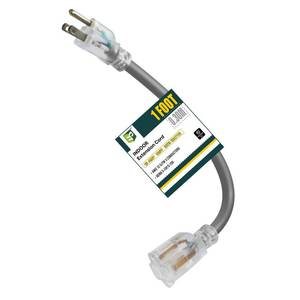 lot 6051 image: EP 1 Ft Lighted Extension Cord - 123 SJTW Heavy Duty Grey Extension Cable with 3 Prong Grounded Plug - Power Cord for Lawn, Garden, Appliances - Retail $8