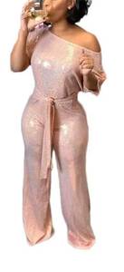 lot 6358 image: LKOUS Womenfts Evening Sparkly Jumpsuits Off Shoulder Short Sleeve Party Sequins Rompers High Waisted Wide Leg Pants Suit size medium - Retail $41