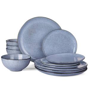 lot 1926 image: Famiware Moonlight Plates and Bowls Sets, 12 Pieces Stoneware Dinnerware Sets with Linen Finish, Handmade Dishware Set for 4, Microwave and Dishwasher Safe, Chip and Scratch Resistant, Blue - Retail $362