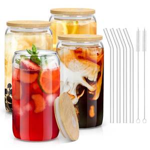 lot 1938 image: sungwoo 4PCS Glass Cups with Bamboo Lids and Straws, 16OZ Ice Coffee Cup, Drinking Cup set with Wooden Lids, Home Essential Glass Tumblers for Beer, Cocktail, Tea and Latte Clear - Retail $13