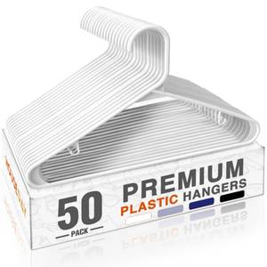lot 1953 image: HOUSE DAY White Plastic Hangers 50 Pack, Plastic Clothes Hangers with Built-in Hooks, Durable and Strong Plastic Coat Hangers for Closet, Space Saving Clothing Hanger for Shirts, Coats, Skirt, Dress - Retail $24
