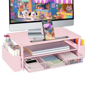 lot 1962 image: AUPSEN Pink Desk Organizers and Accessories, 2-Tier Wood Computer Monitor Stand with Drawer, Pen Storage and Phone Holder, Office Desk Accessories, Workspace Desktop Organization for Office Supplies - Retail $25