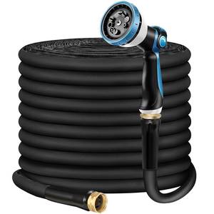 lot 1975 image: Non-Expandable Garden Hose 100feet, Flexible Water Hose with 10 Function Hose Nozzle, Lightweight, Tangle Free, Rust Proof for Yard (Black) - Retail $37