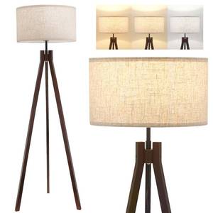 lot 1981 image: ELYONA Wood Tripod Floor Lamp for Bedroom, 3 Color Temperatures and Linen Shade, Modern Reading Standing Lamp with 9W LED Bulb, Mid Century Night Light for Farmhouse, Living Room, Office, Walnut - Retail $75
