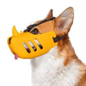 lot 2134 image: NACOCO Anti Bite Dog Muzzle - Dog Soft Mouth Rhino with Adjustable Strap Covers Breathable Silicone Cage Pet for Biting Chewing Small Medium (Yellow Rhino, L) - Retail $16