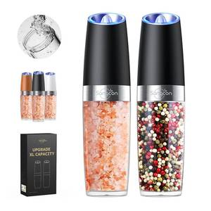 lot 2151 image: Sangcon Gravity Electric Salt and Pepper Grinder Set Shakers UPGRADED 9OZ XL CAPACITY Battery Powered Refillable Automatic One Hand Operation Adjustable Coarseness Mill Grinder Set for Kitchen - Retail $14