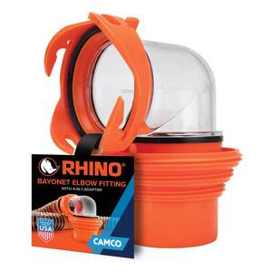 lot 2176 image: Camco RhinoFlex Clear RV Sewer Hose Elbow with 4-in-1 Adapter - Features a 360-Degree Fitting Rotation and Built-in Gasket for Odor-Tight Protection - Fits 4 Sizes of Dump Station Inlets (39736) - Retail $15